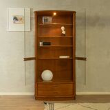 Exclusive display cabinet from the 1980s, solid teak, glass doors, drawers, lighting