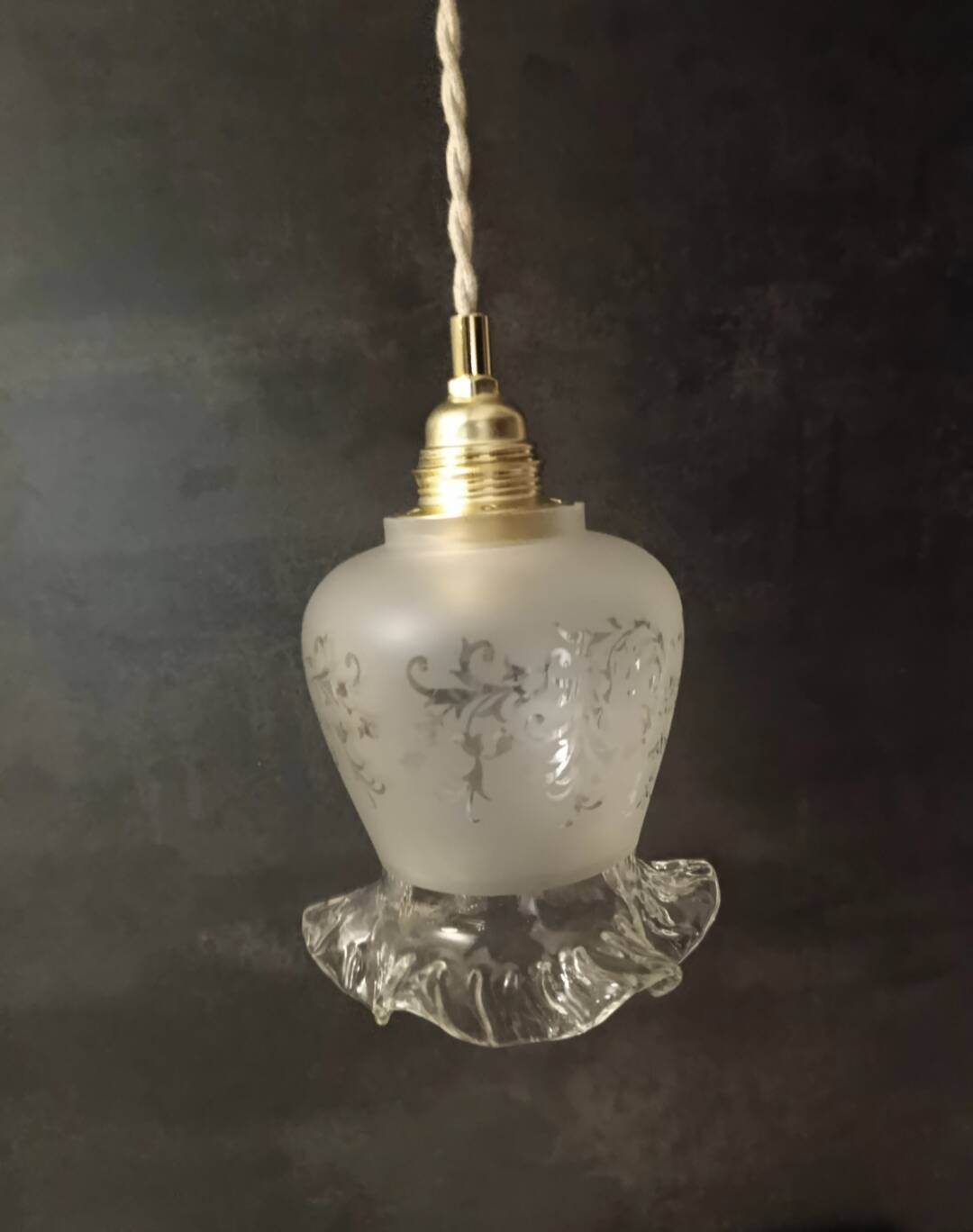 frosted glass suspension tulip shape, twisted linen cord, vintage