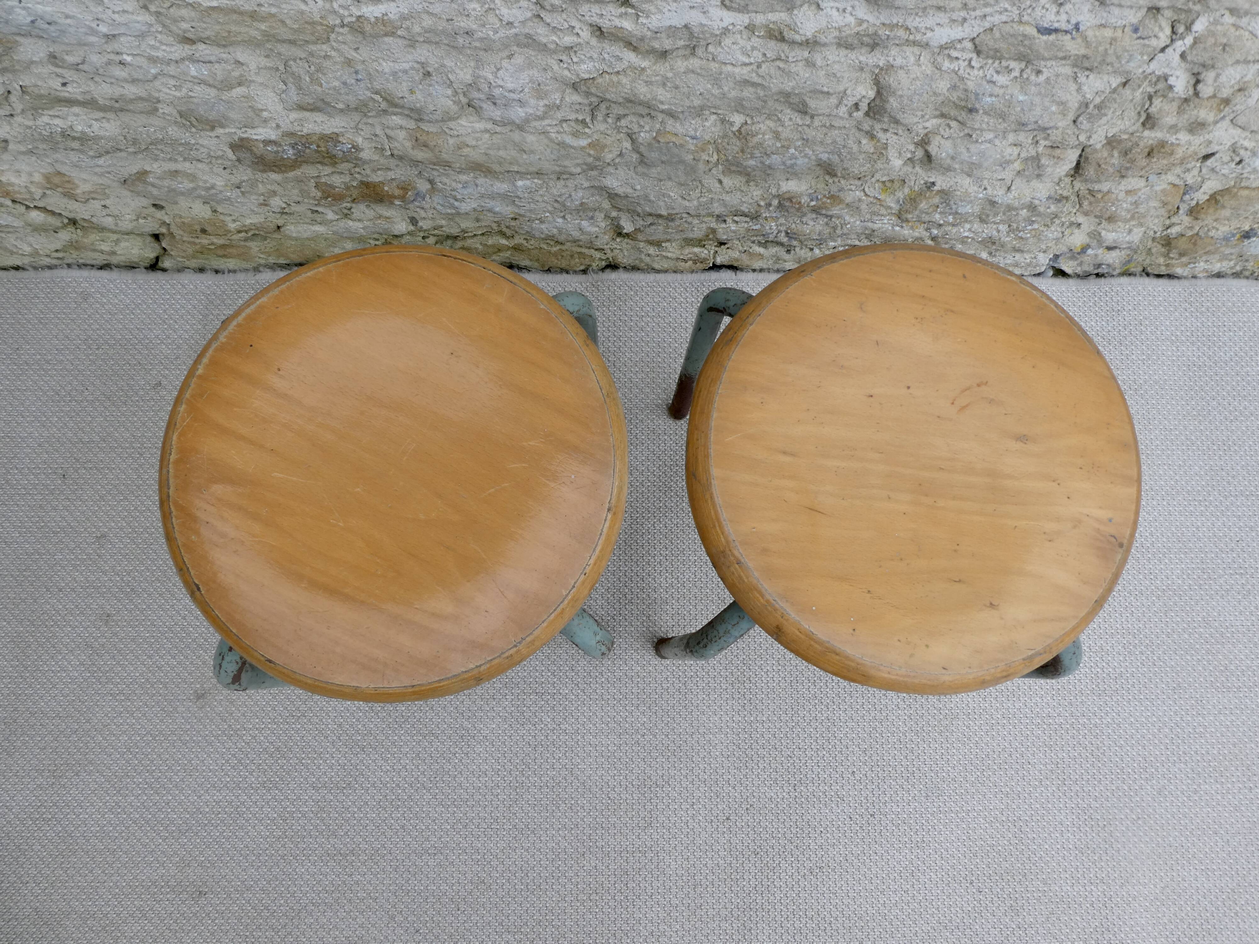Pair of school stools in wood and metal