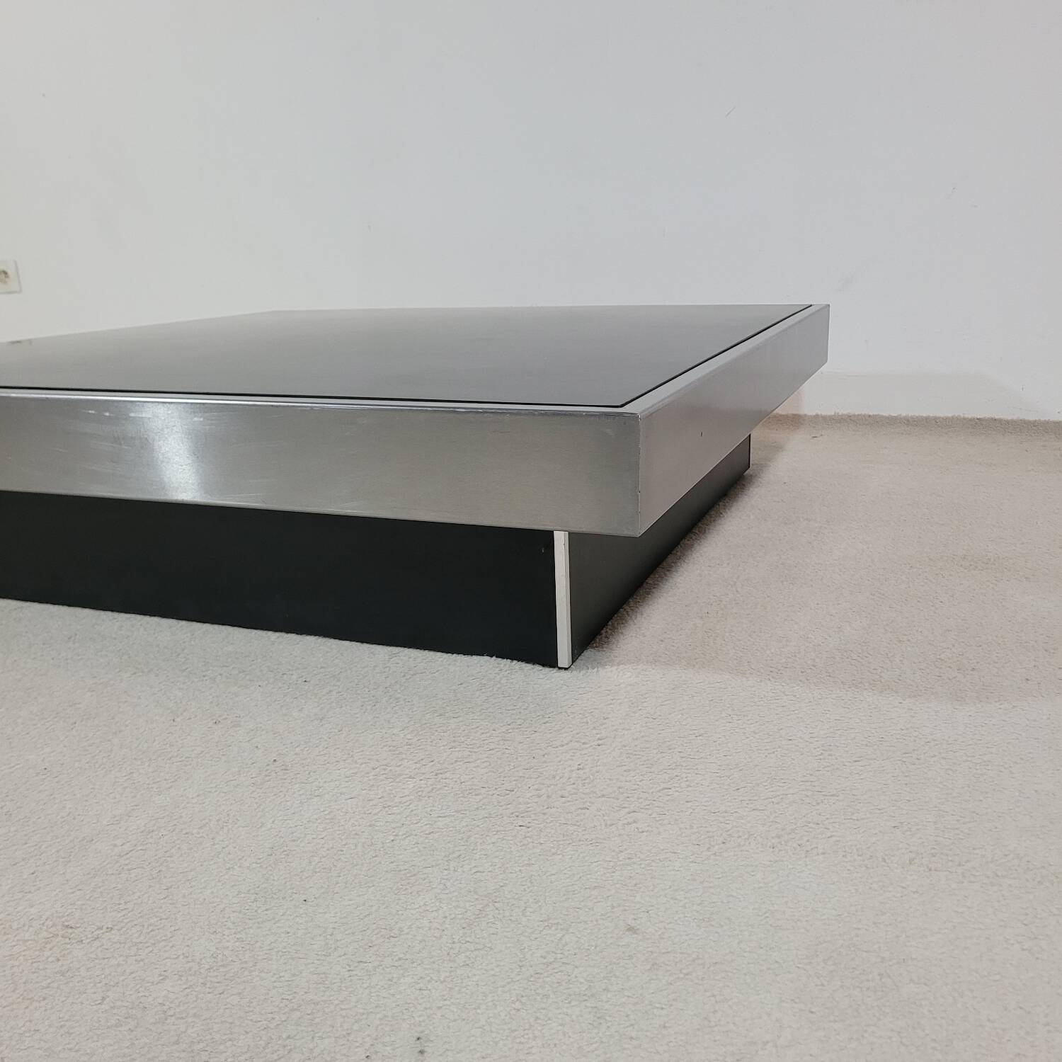Large vintage black and stainless steel coffee table from the 1970s