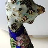 Chinese cat figurine in bronze / brass enamel cloisonné. floral motifs, gold inclusions