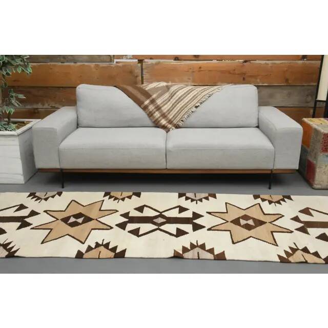 1970s Turkish Oushak Handmade Wool Cotton Beige Runner Rug 95x327
