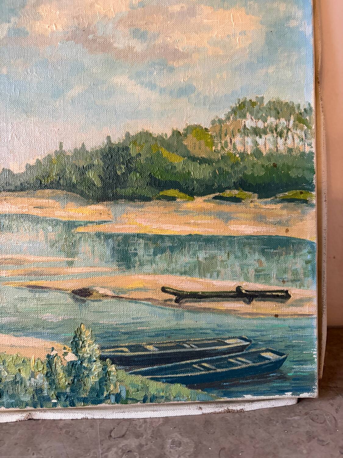 Boats by the water, oil on canvas signed