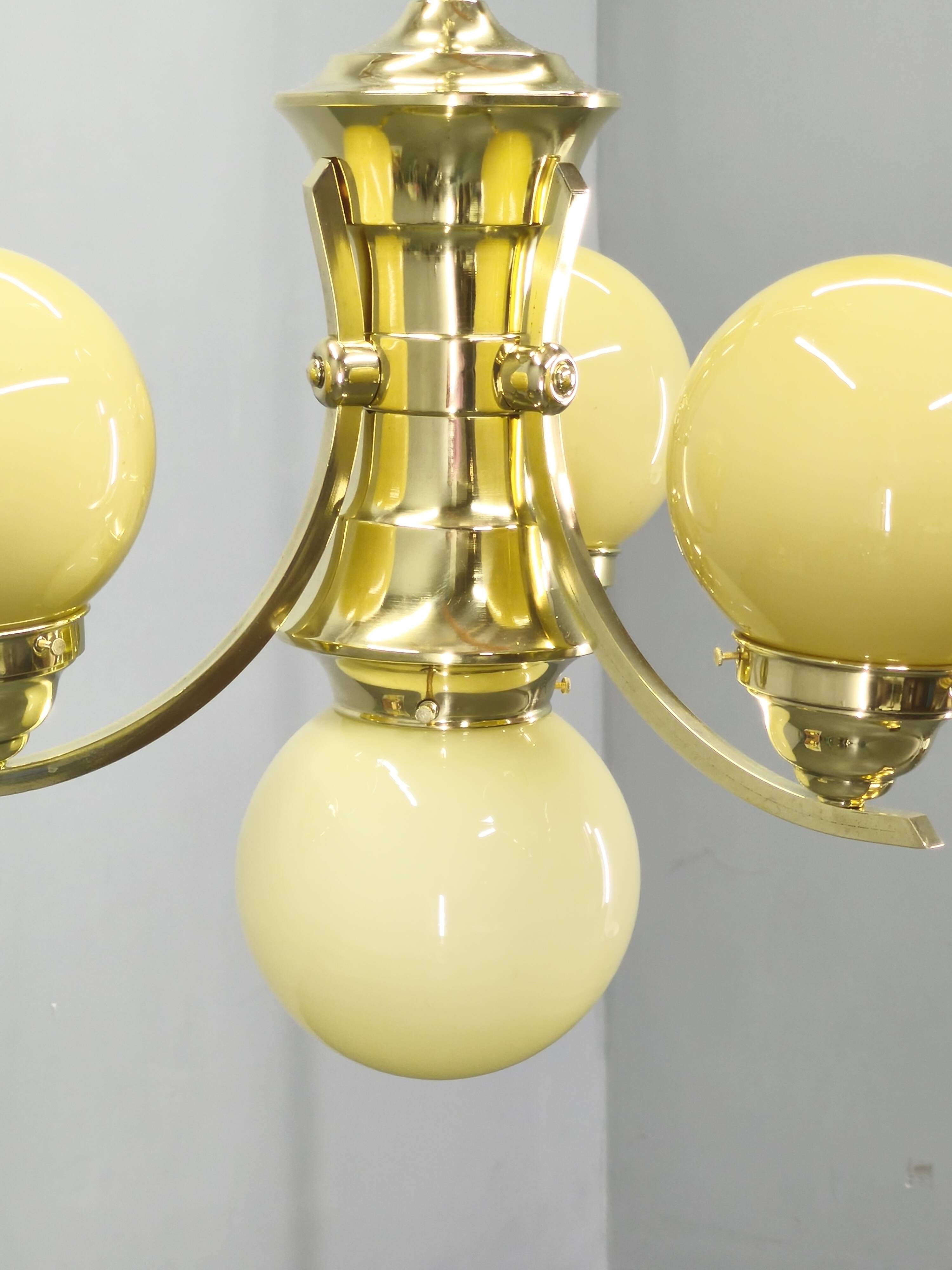 Art Deco Brass and Opaline Glass Chandelier, 1930s