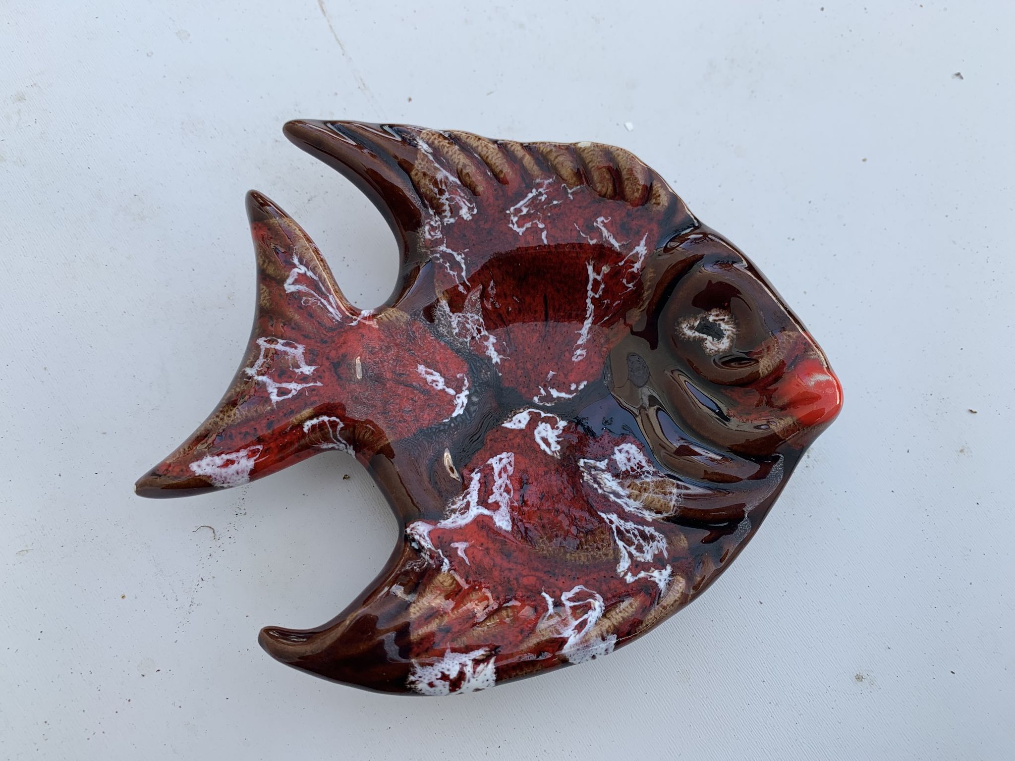 Dish fish shape glazed ceramic vintage slurry