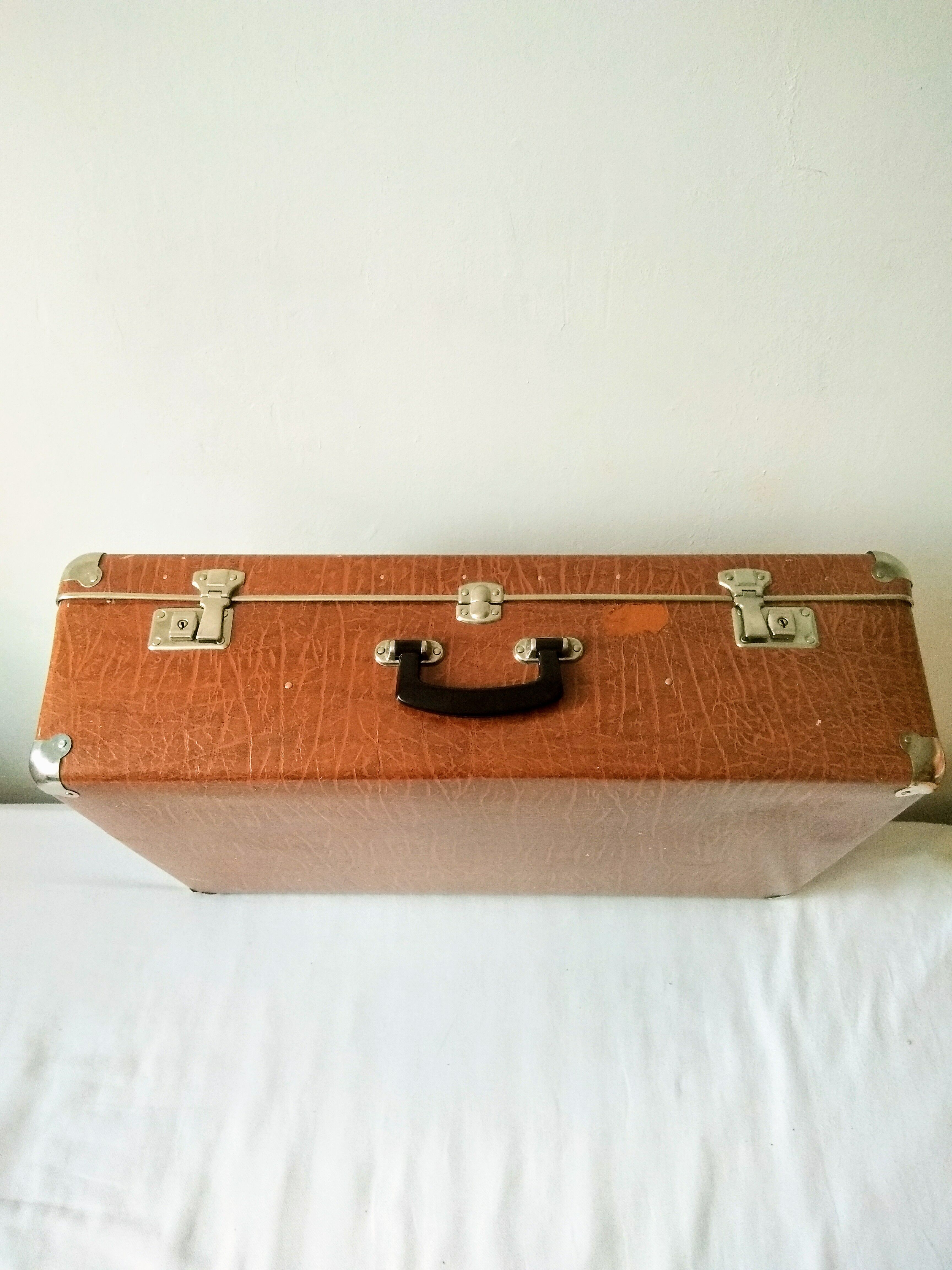 Large light brown cardboard suitcase and decorative vintage year 50 60 70 in very good condition
