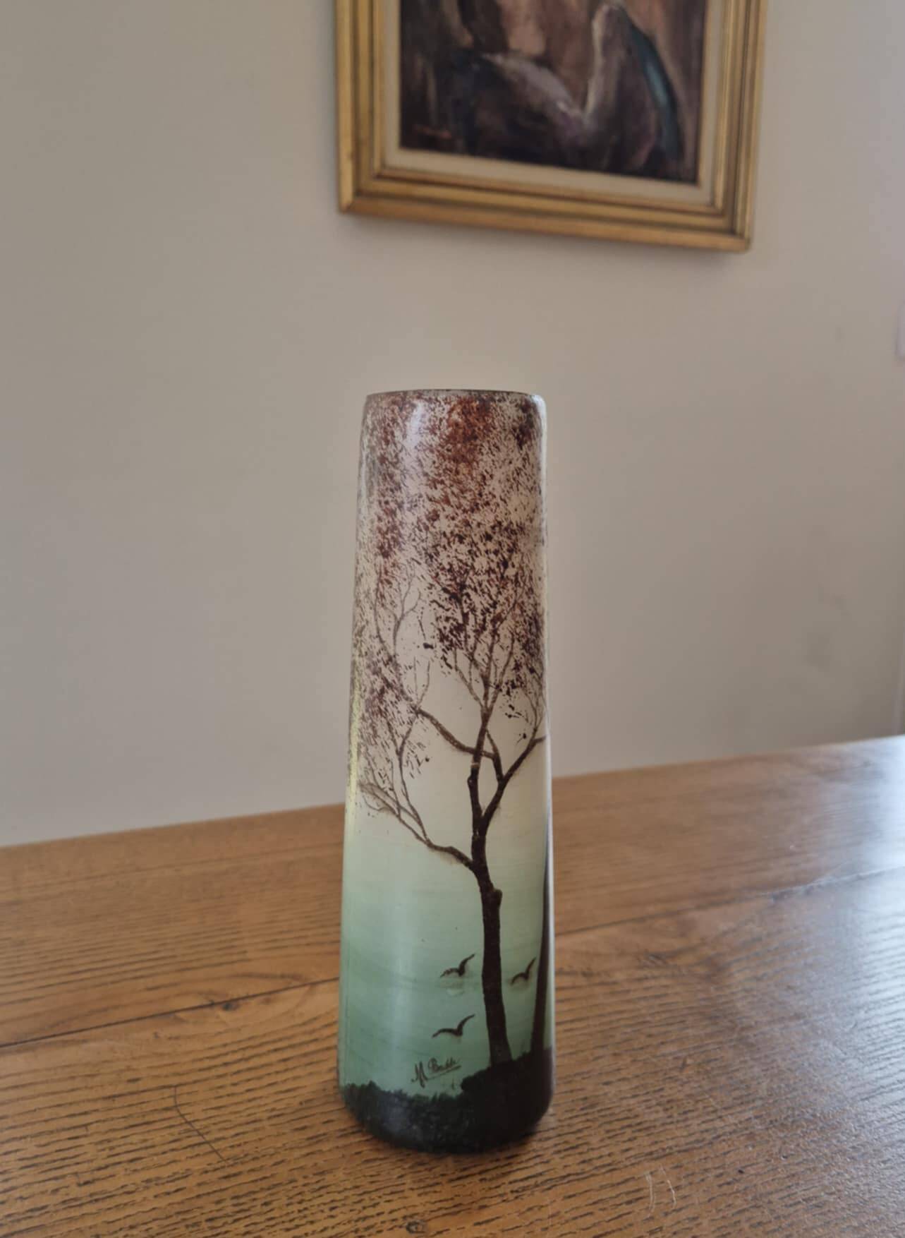 Frosted glass vase, painted Art Deco, signed.