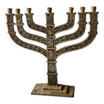 Old Large Menorah/Jewish/Hebrew Candlestick with 7 lights. Signed "Israel". 1950s. Size 23 x 24 cm