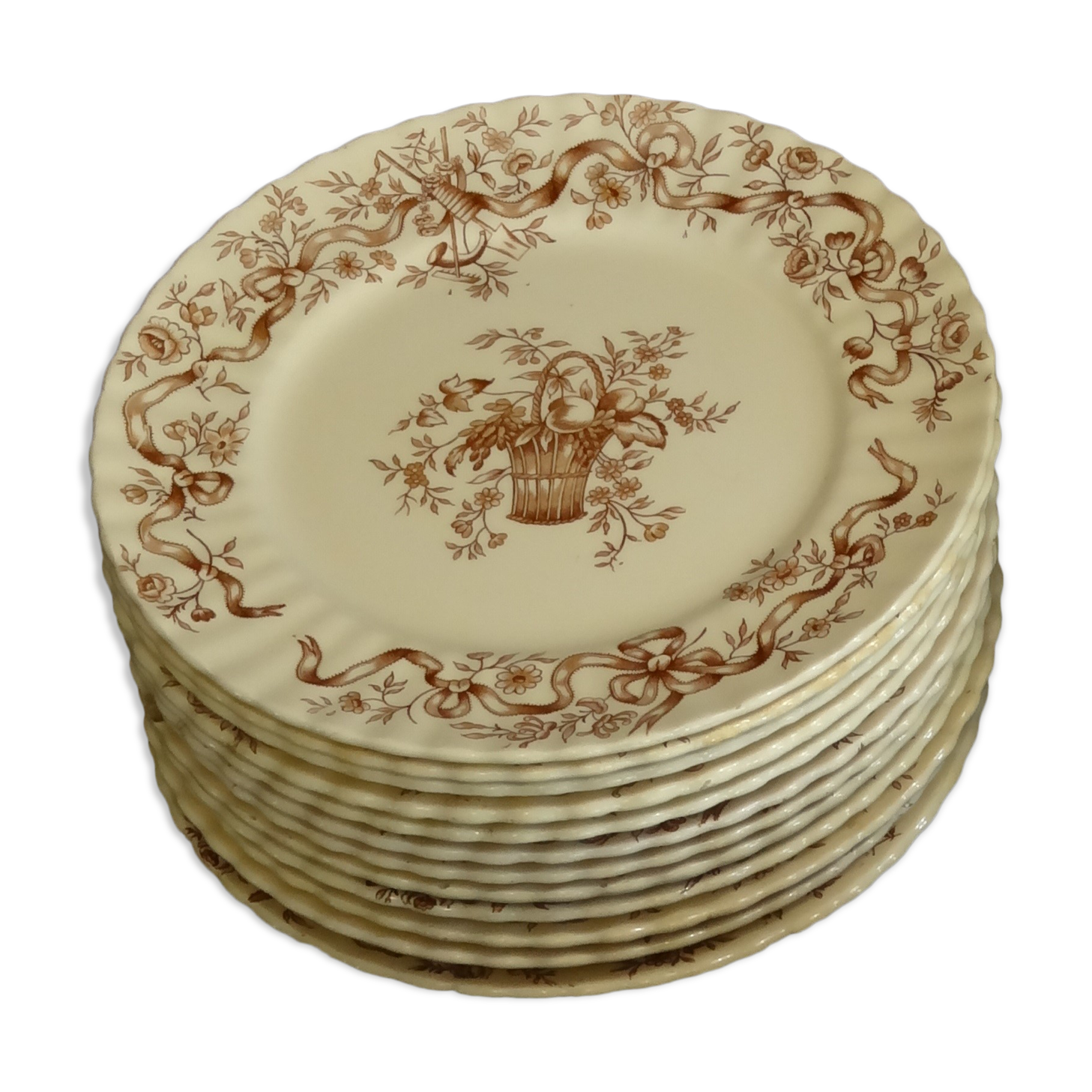 12 assiettes à dessert en faïence terre de fer, modèle rubans de chez longchamp