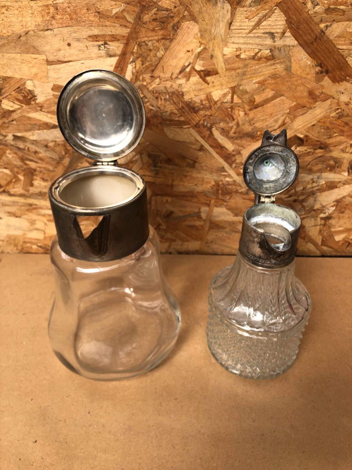 Pair of cast glass & vintage metal refresher pitcher