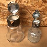 Pair of cast glass & vintage metal refresher pitcher
