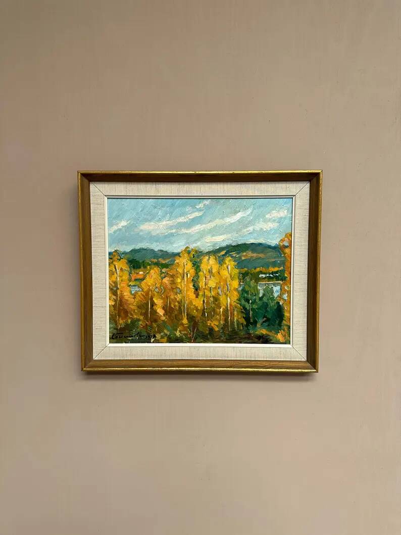 Original Swedish Oil on Panel – "Autumn Landscape" – Dated 1978 – Framed Period Piece – 50 × 42 cm (19.7" × 16.5")
