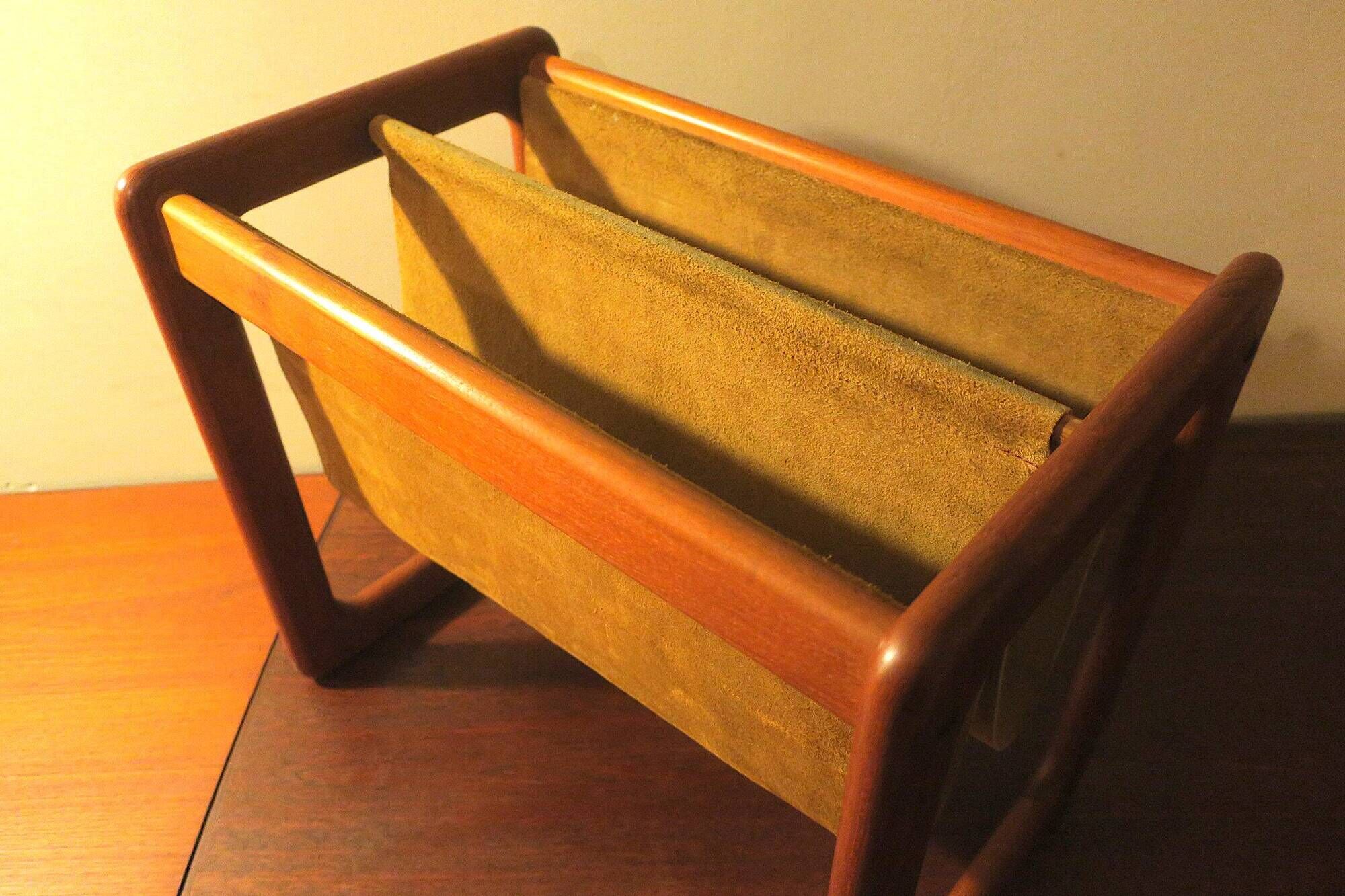 Magazinr rack in teak and suede leather by Aksel Kjersgaard, 1960s