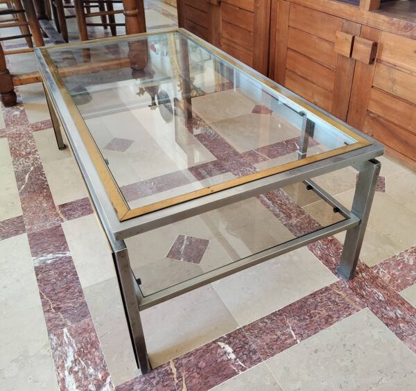 Guy lefèvre pour la maison jansen table basse en acier brossé et laiton 1970