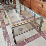 Guy lefèvre for maison jansen coffee table in brushed steel and brass 1970