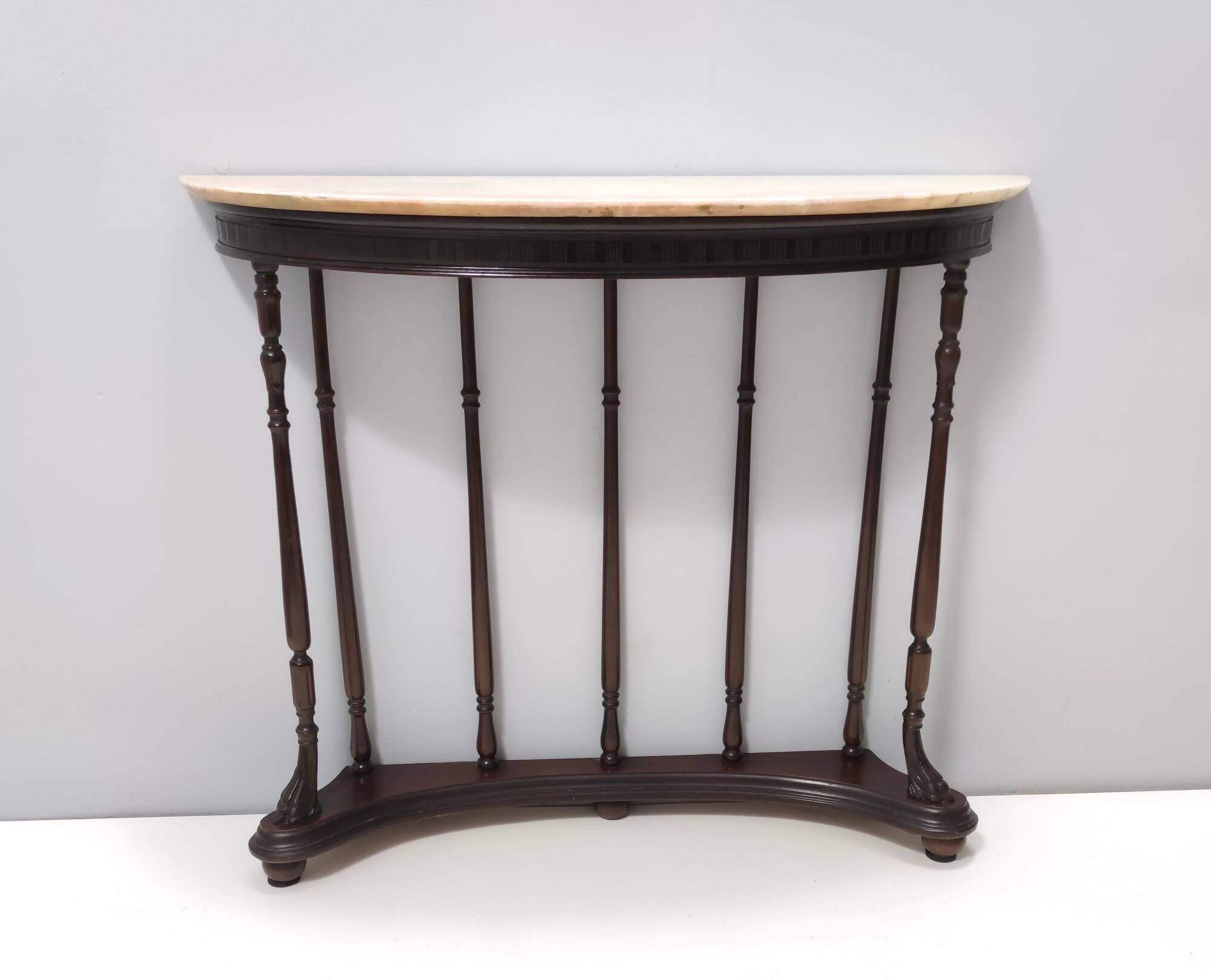 Neoclassical Style Turned Beech Console Table with a Demilune Marble Top, Italy