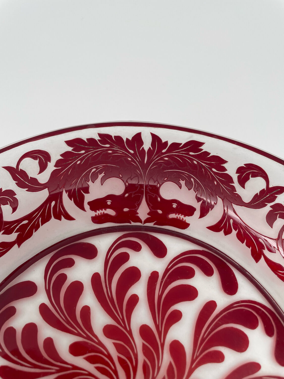 Red cut crystal plate dragon floral pattern