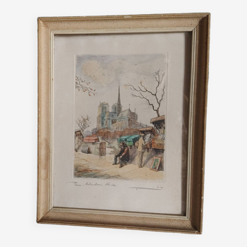 Old lithograph representing Notre Dame de Paris & booksellers Signed Numbered