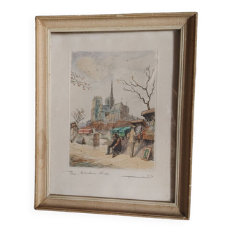 Old lithograph representing Notre Dame de Paris & booksellers Signed Numbered