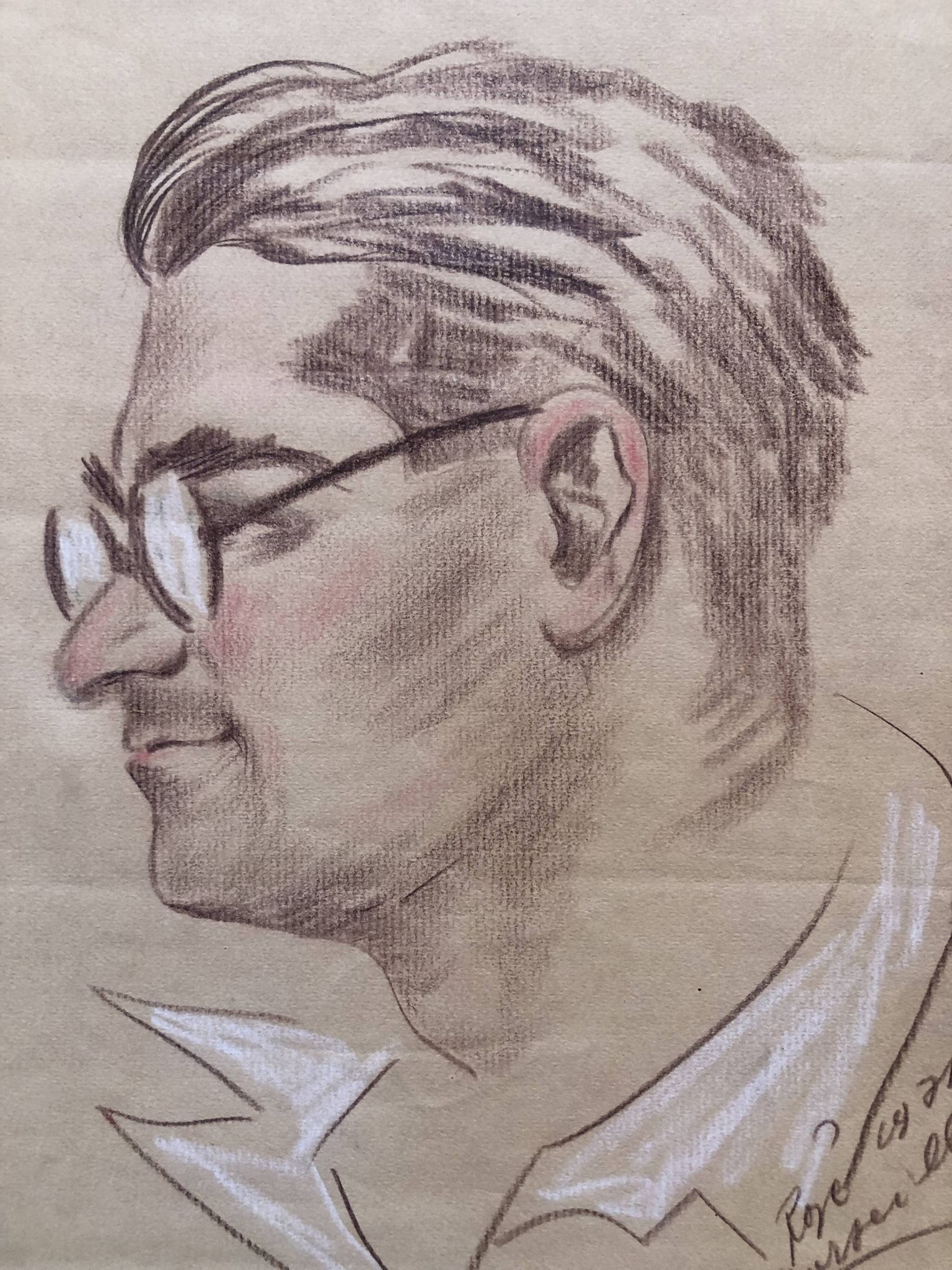Pastel drawing 1971 man portrait with glasses, signed rose? marseille 13 bouche du rhône paper