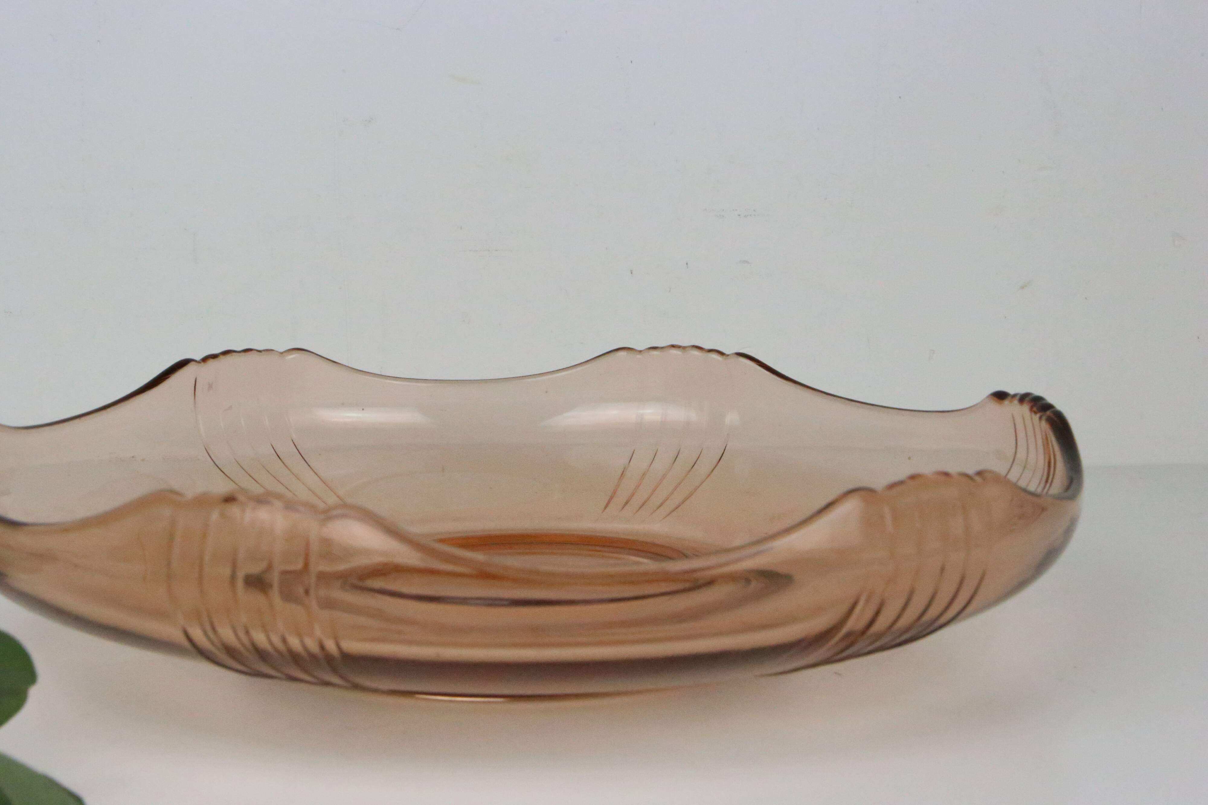 Round pink glass dish, empty pocket or salad bowl, molded glass, art deco