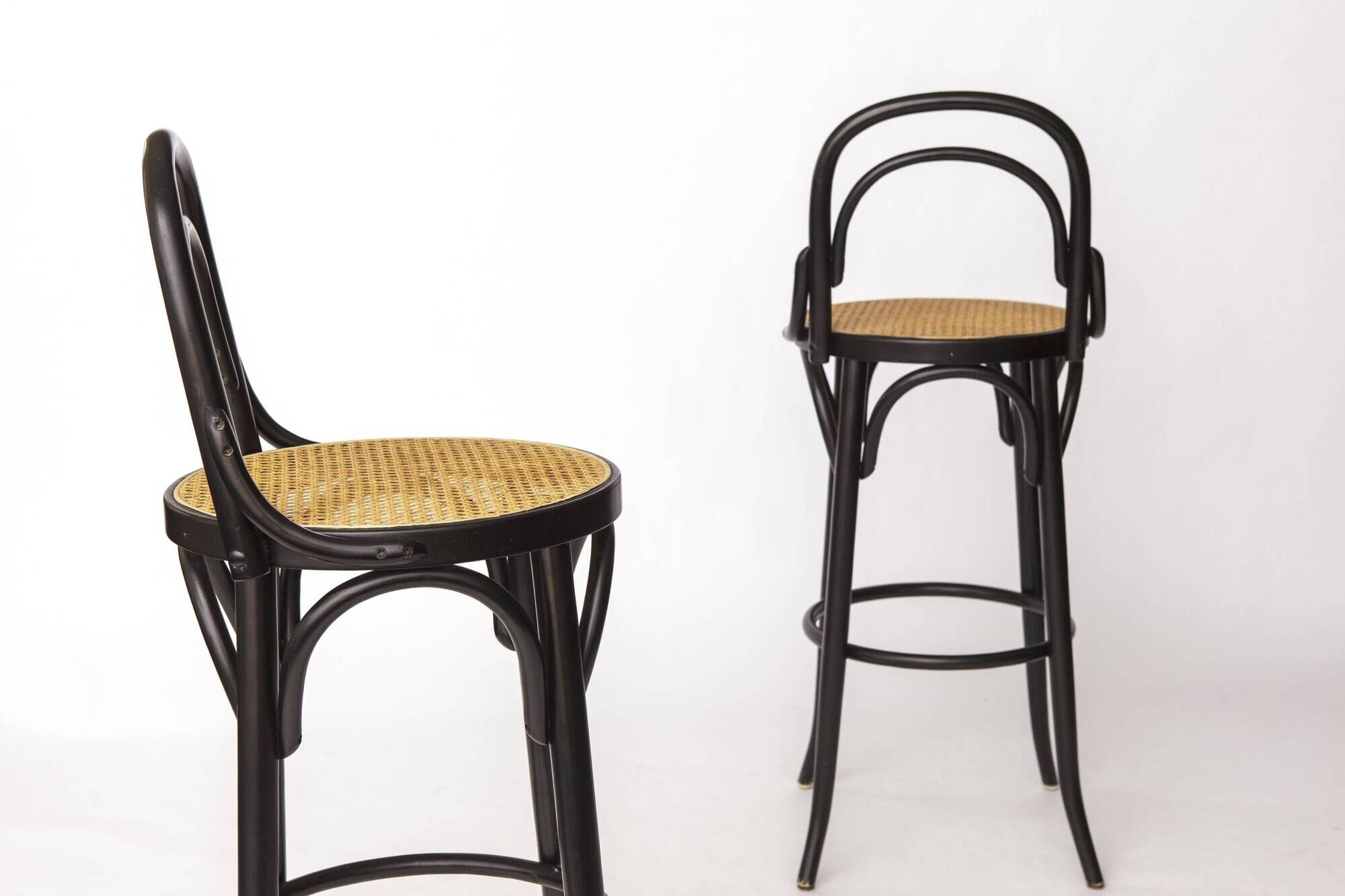 Pair of Bentwood Bar Stools with Vienna Cane Seats – Thonet Style, Black