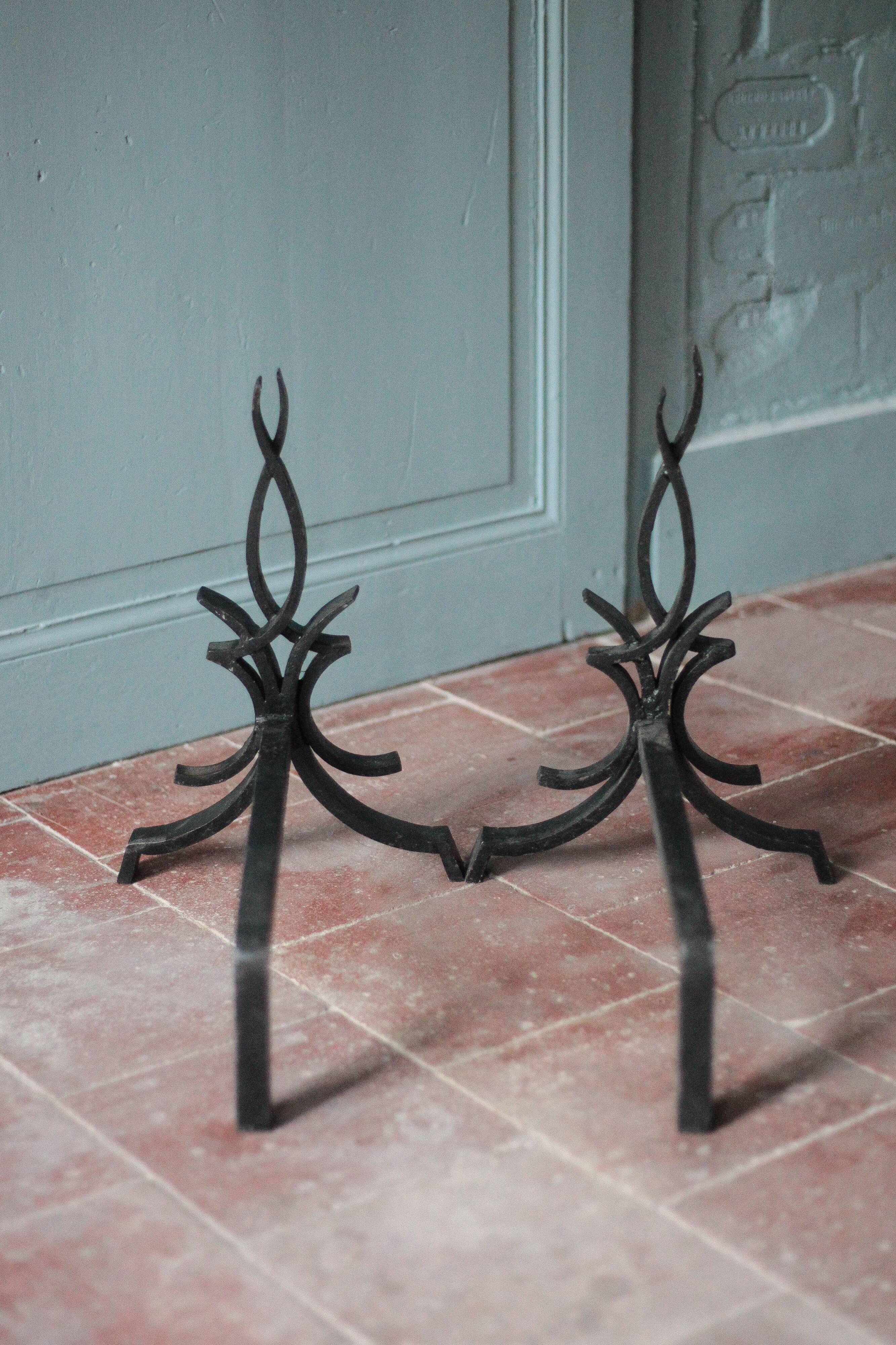 Fireplace andirons by Raymond Subes, flame model, brutalist andirons.
