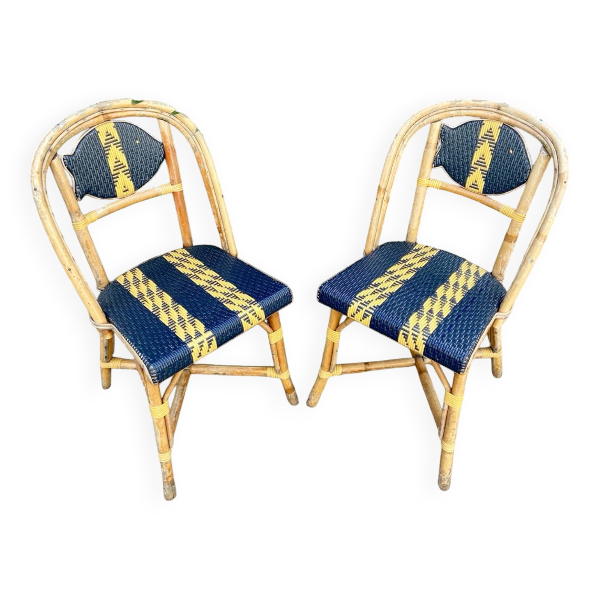 Six "Maison Drucker" chairs in rattan and satin fibers.