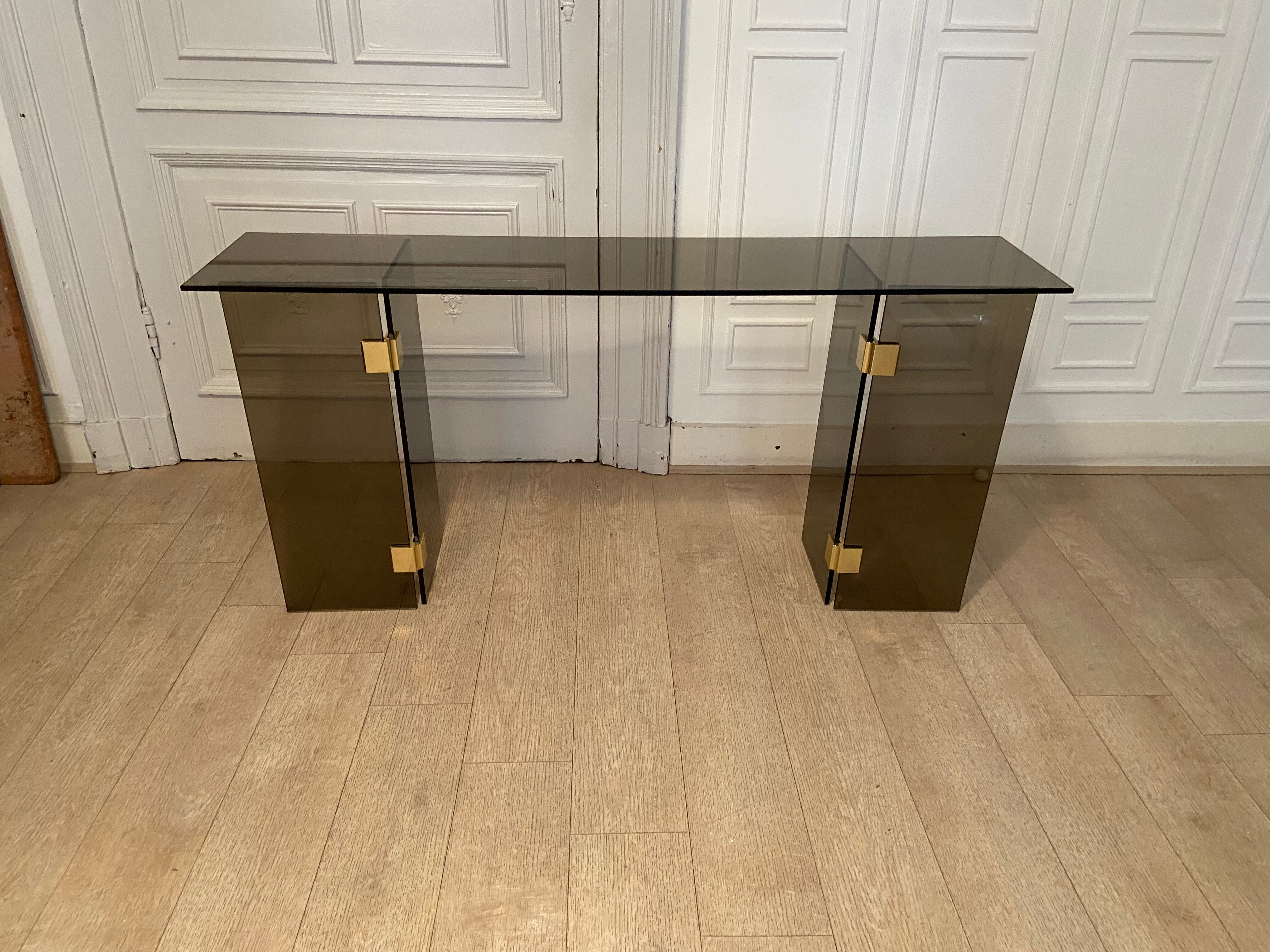 Console smoked glass and brass, 1970s