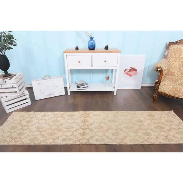 1970s vintage Turkish hand-knotted wool cotton beige runner rug 62x261