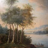 École italienne "Paysage lacustre, forêt animée de personnages" tableau hui