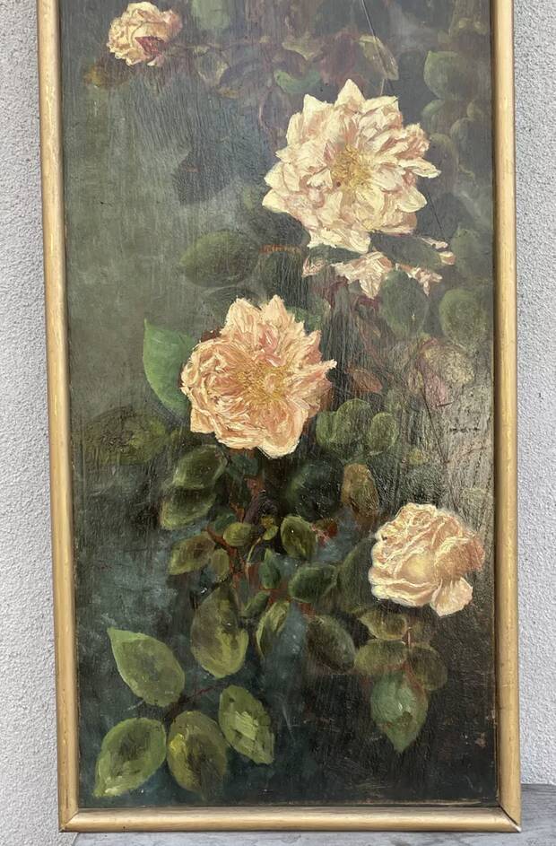 Painted panel of a still life in oil 90 x 27 cm