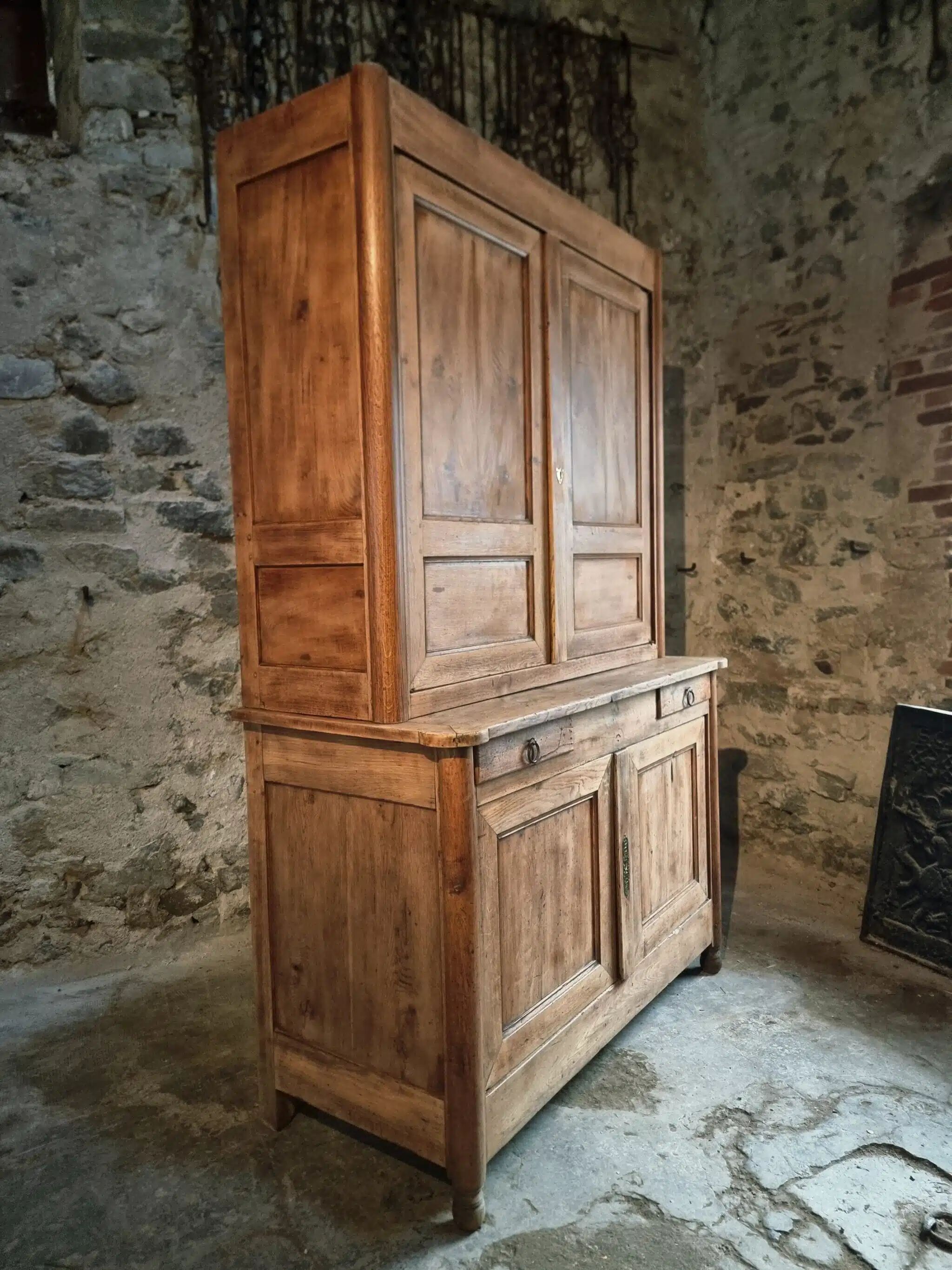 Antique French oak sideboard – Two-part display cabinet with drawers and four doors