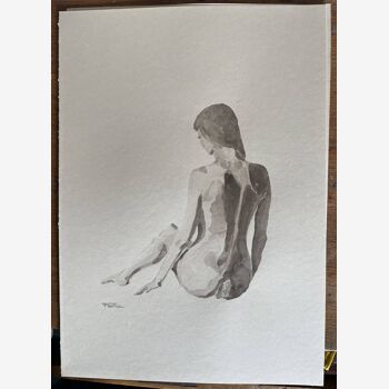 Tableau signé aquarelle monochrome femme de dos
