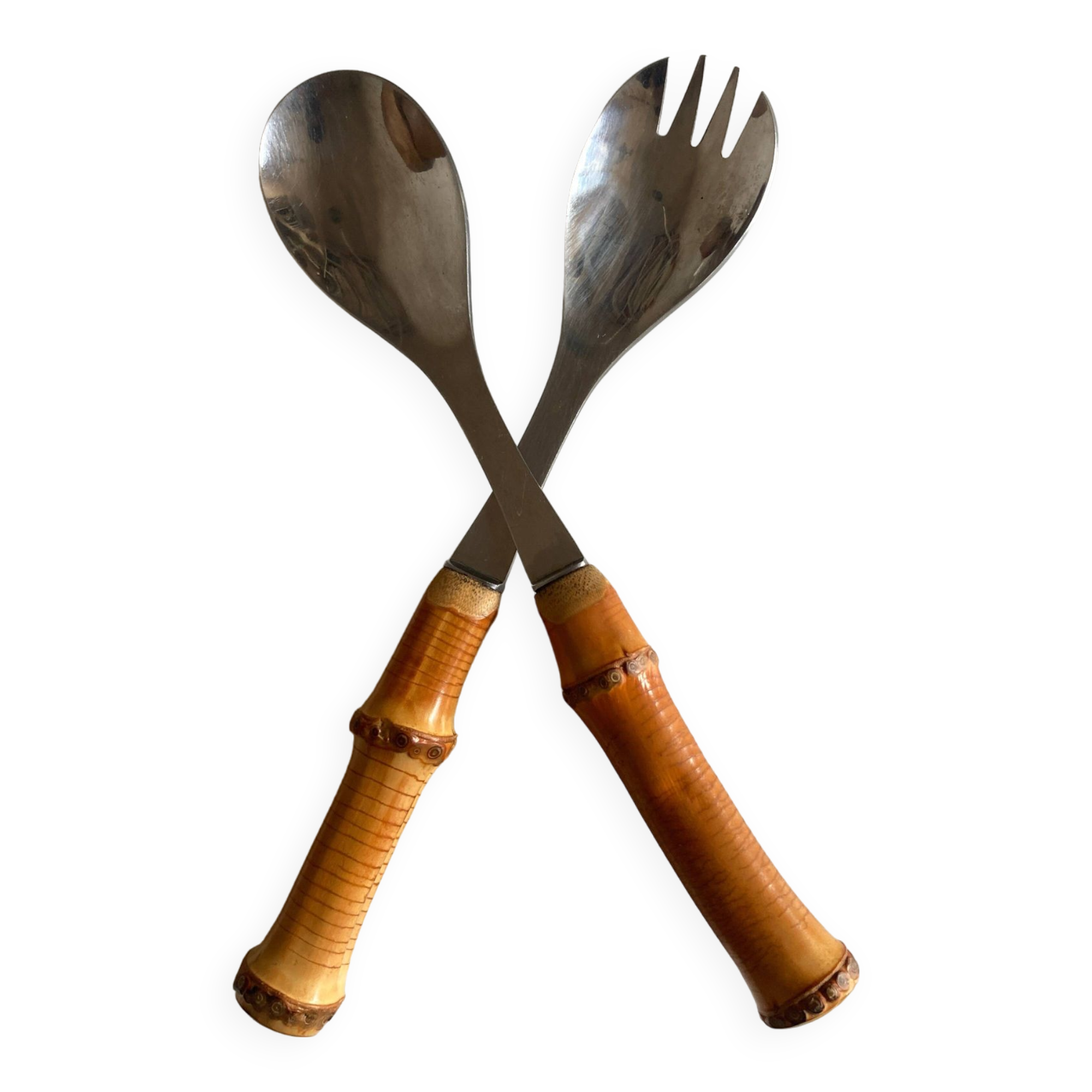 Pair of bamboo handle salad servers 1960