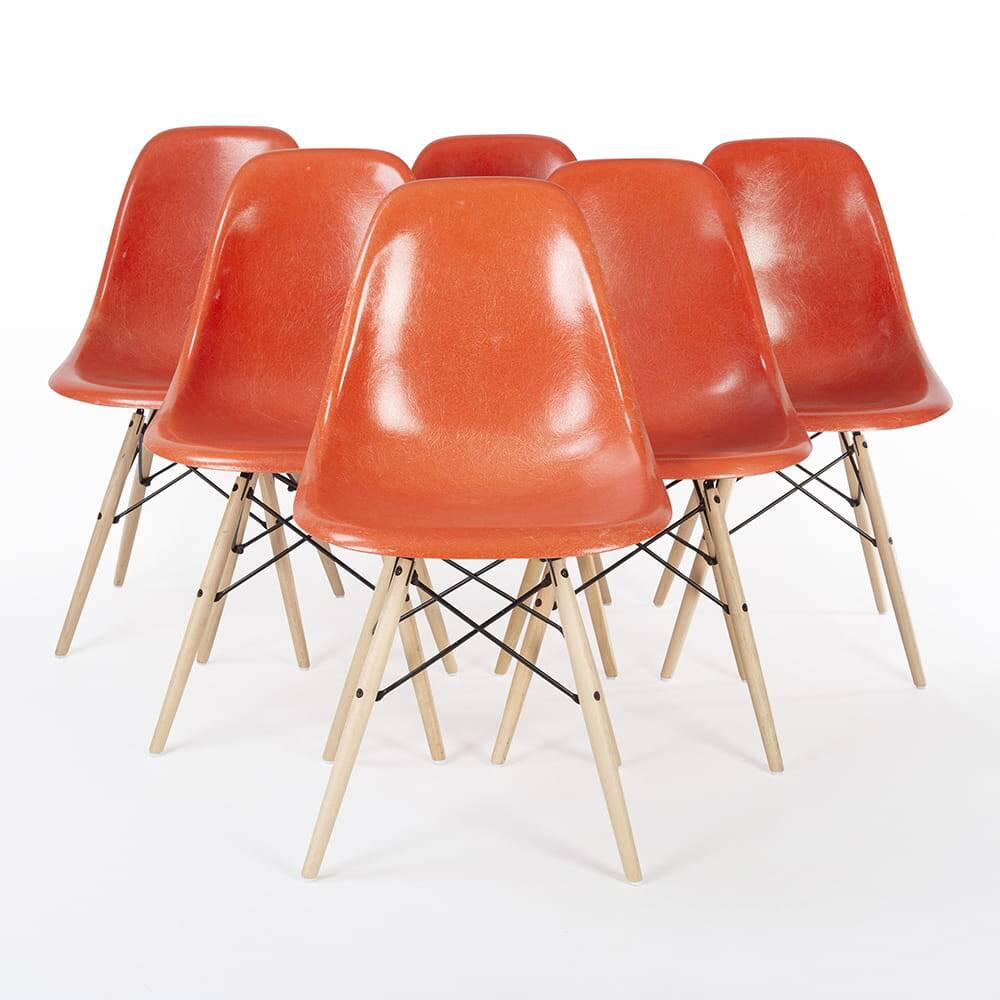 Ensemble orange (6) chaises de salle à manger à coque Herman Miller Original Eames DSW