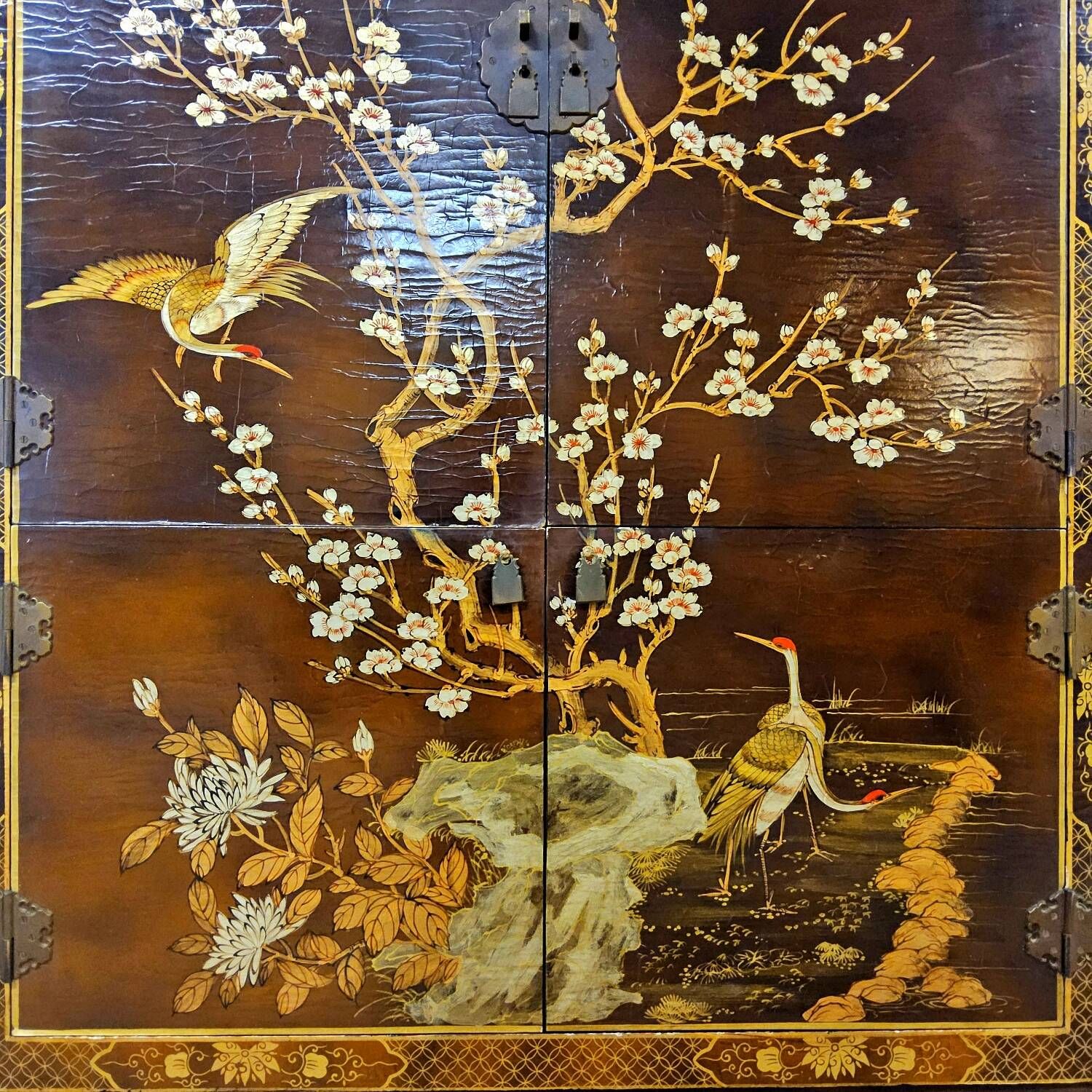 Vintage Chinese cabinet with birds & flowers, red & gold (bohemian)