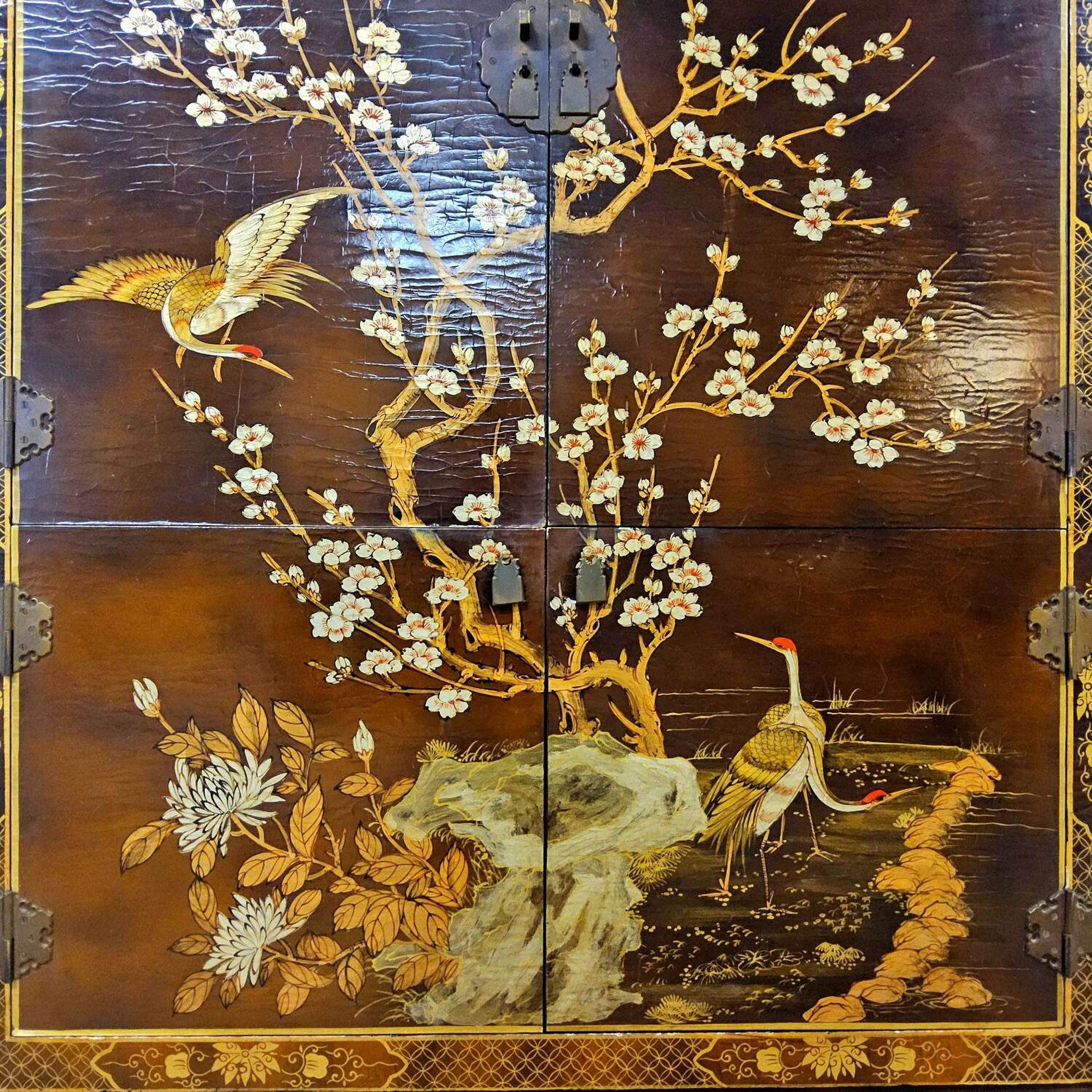 Vintage Chinese cabinet with birds & flowers, red & gold (bohemian)