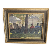 Painting - Oil on canvas Characters on a terrace / Park Signed Omar Logang