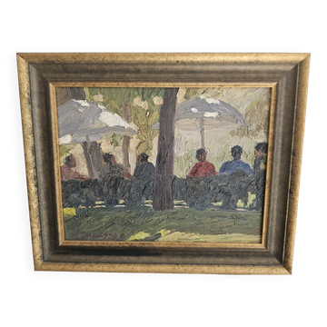 Tableau, huile sur toile "Personnages en terrasse, parc" Ssigné Omar Logang