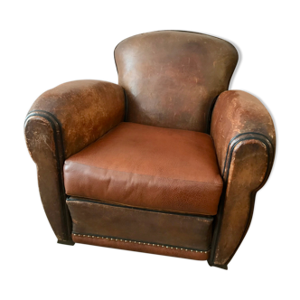 Ancien fauteuil club en cuir marron année 1930/1940