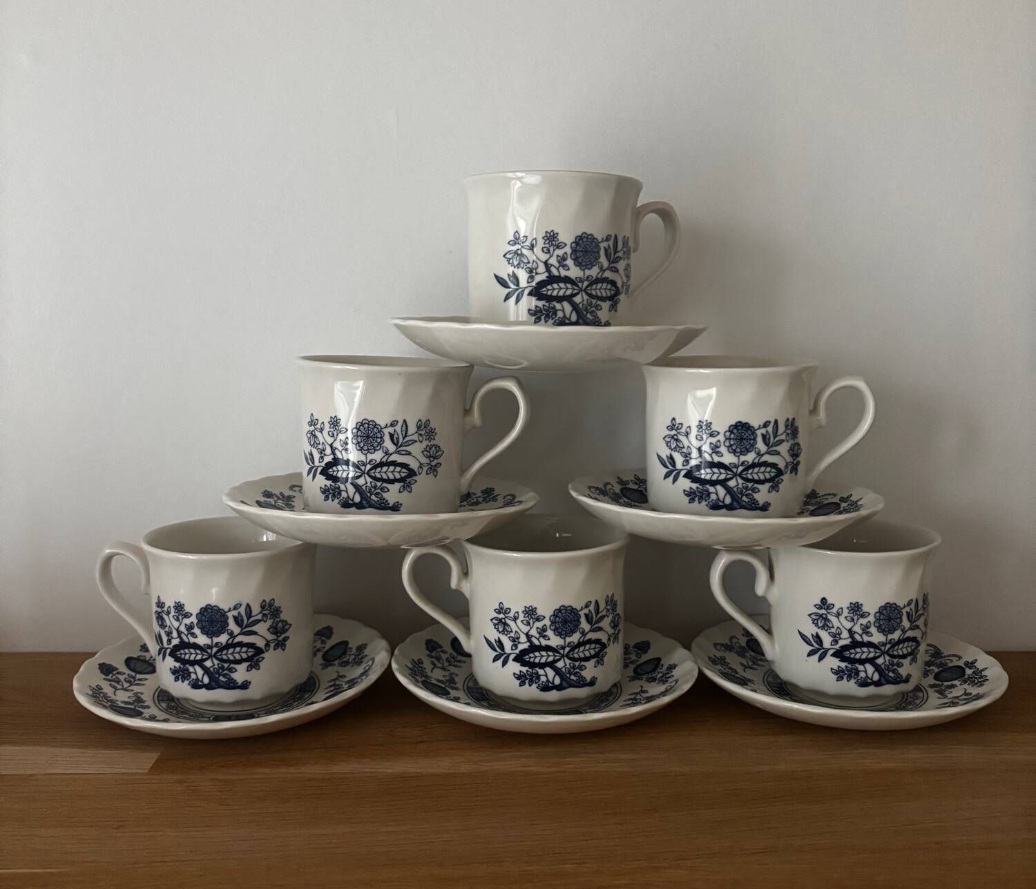 Vintage set of 6 Royal Wessex English blue flower cups and saucers