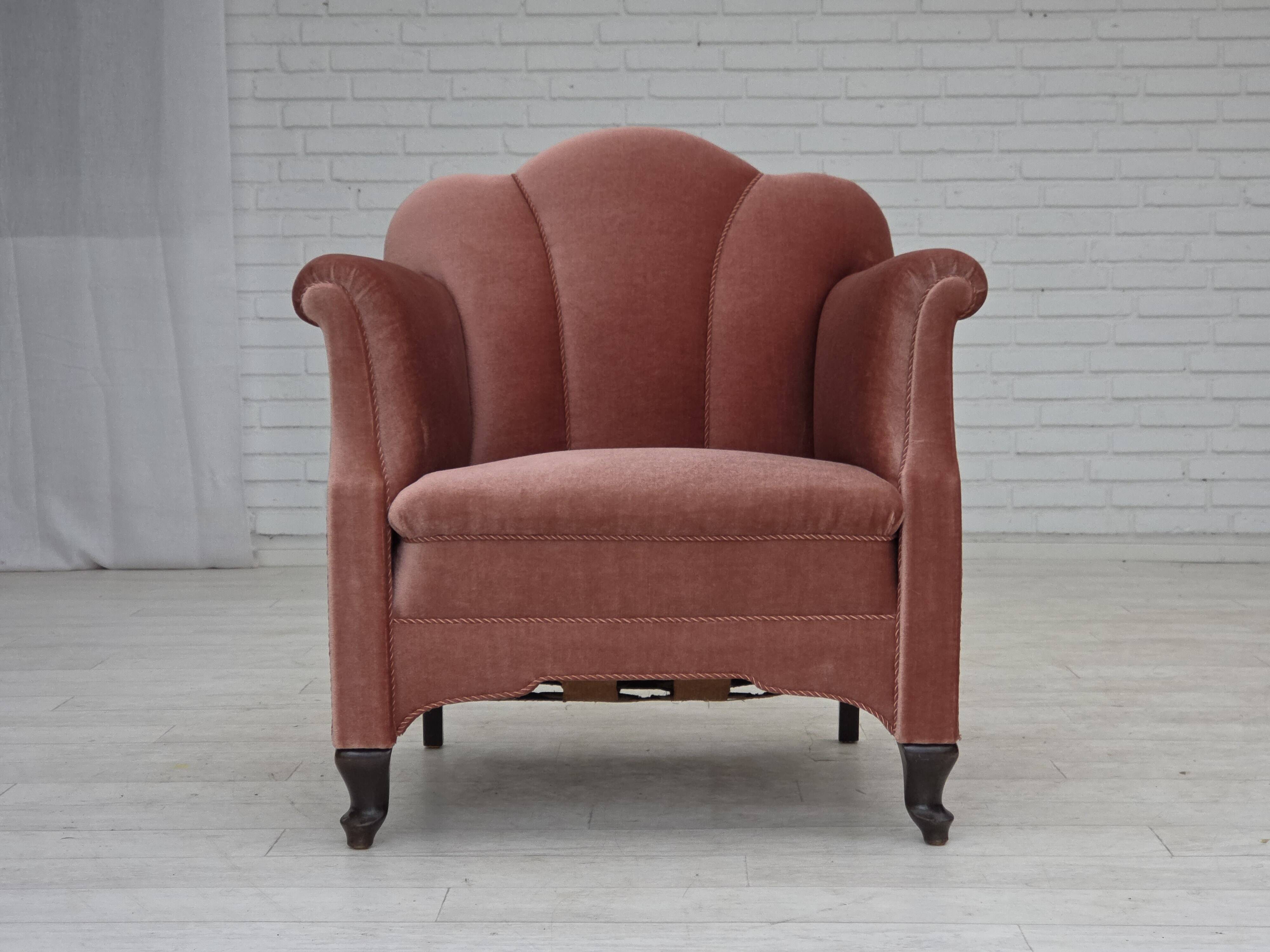 1950s, Danish armchair, salmon pink furniture velour, oak wood.