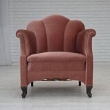 1950s, Danish armchair, salmon pink furniture velour, oak wood.