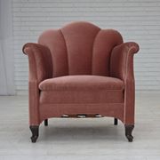 1950s, Danish armchair, salmon pink furniture velour, oak wood.