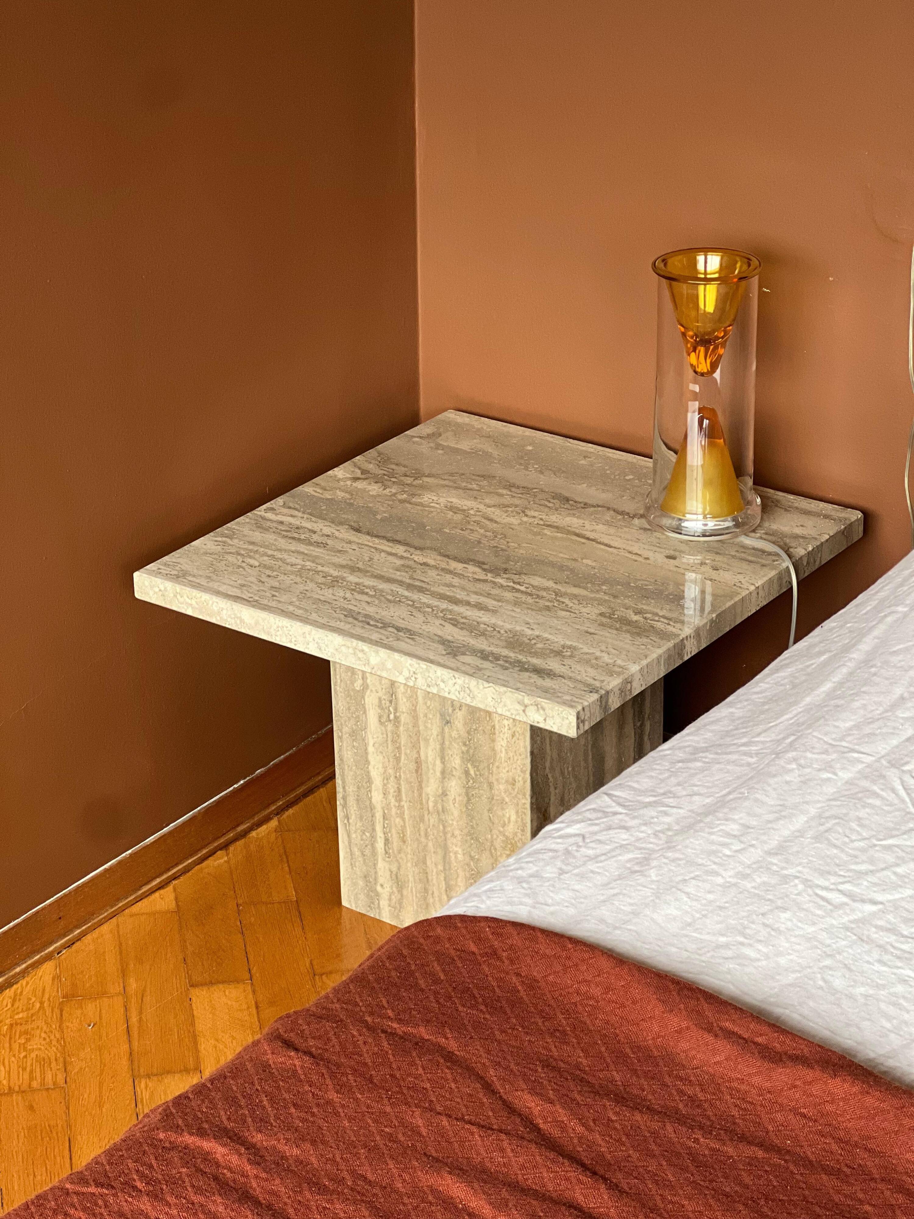 Set of Two Mid-Century Modern Side Tables in Travertine, Urban Wabi Style, Pair