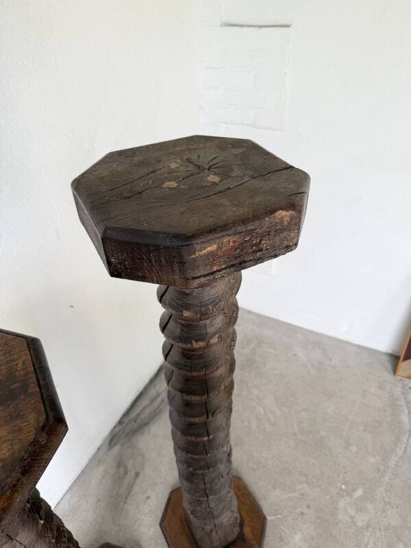 Paire de piédestal colonnes vis de pressage chêne 1900