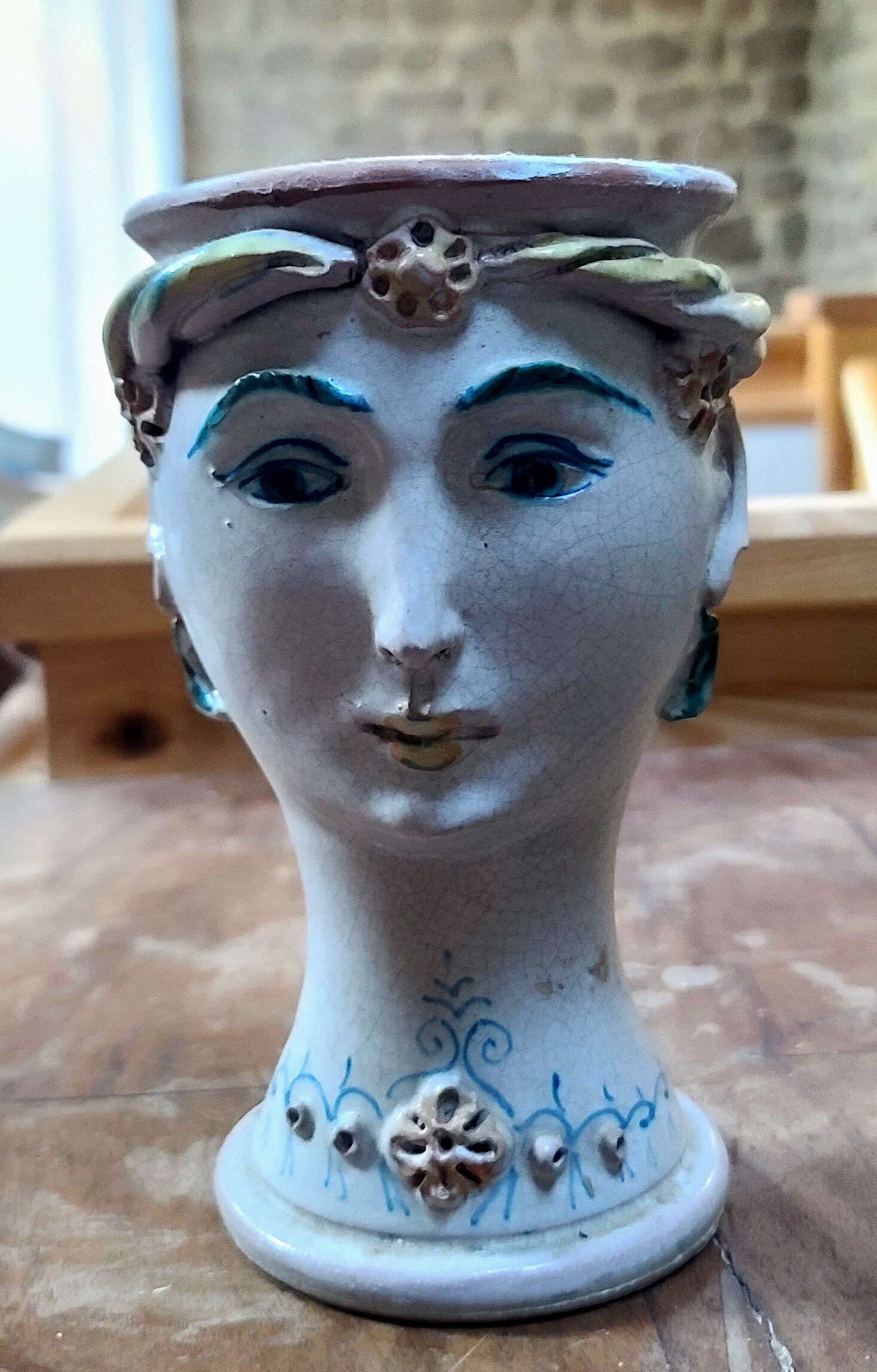 🏺 Bust vase head of a woman — Crackled earthenware — Digoin-S Manufacture