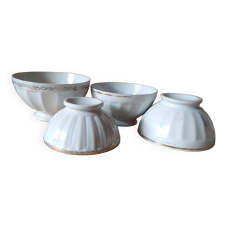 Set of 4 small old white and gold bowls