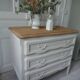 Vintage chest of drawers with pearl gray patina and waxed finish, 3 drawers, wooden top.